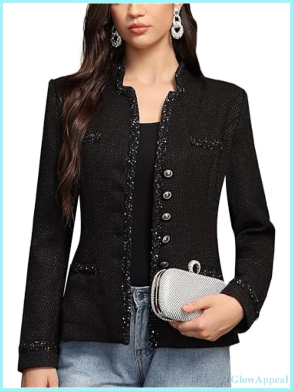 Tweed Blazer Women Slim Fit Notch Lapel Business Casual Jacket